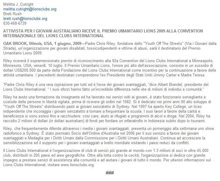 Comunicato stampa Chris Riley