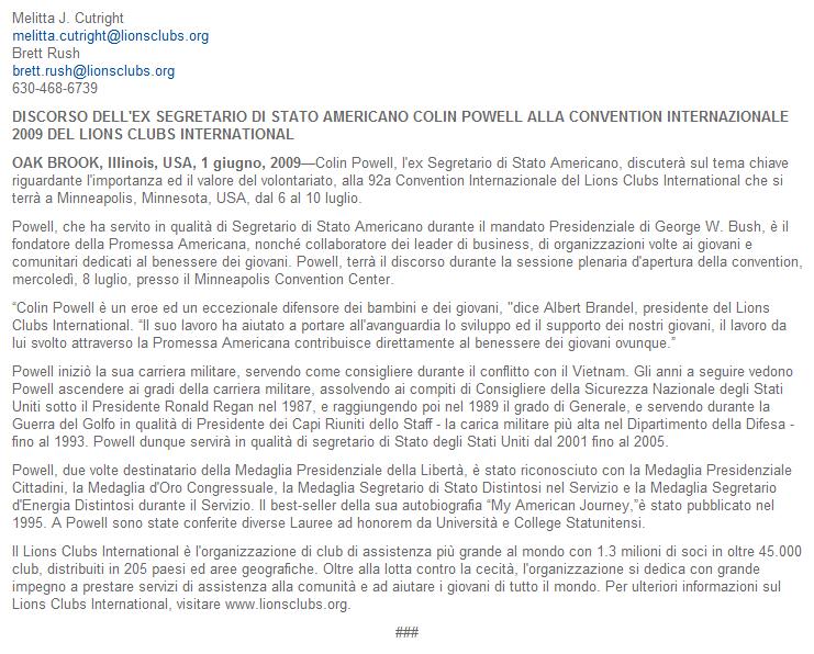 Comunicato stampa Colin Powel